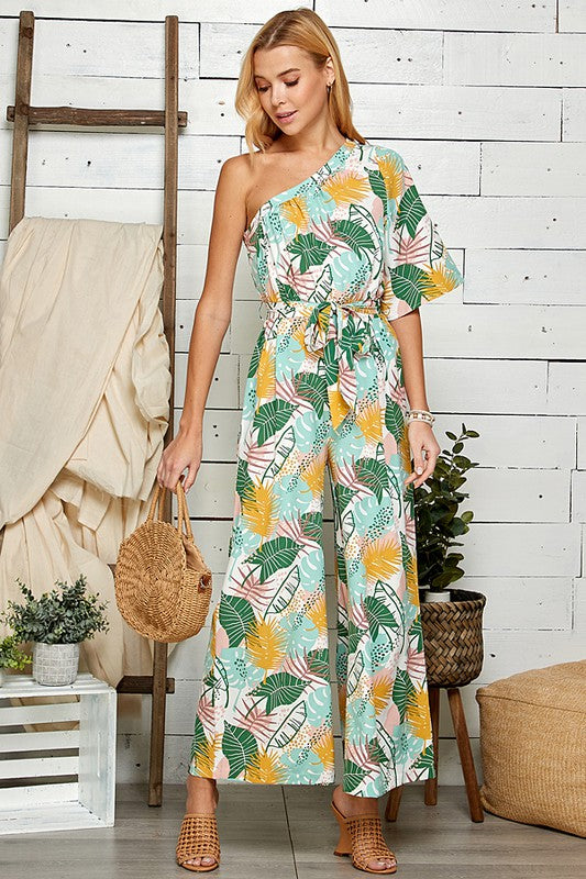 ONE SHOULDER PRINTED JUMPSUIT WITH TIE