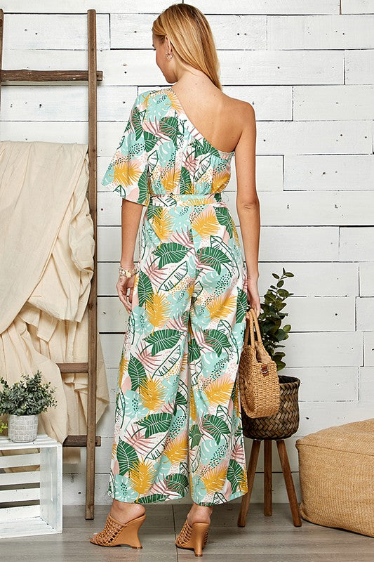 ONE SHOULDER PRINTED JUMPSUIT WITH TIE