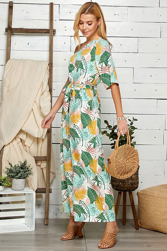 ONE SHOULDER PRINTED JUMPSUIT WITH TIE