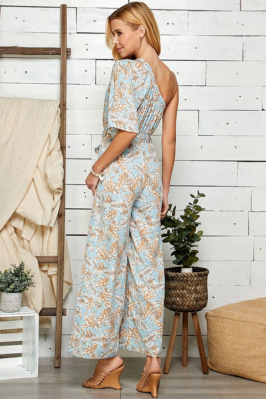 ONE SHOULDER LEAF PRINT JUMPSUIT WITH TIE