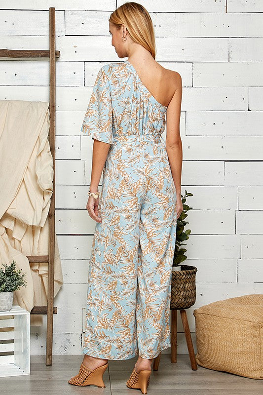 ONE SHOULDER LEAF PRINT JUMPSUIT WITH TIE