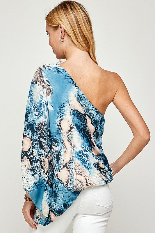 ONE SHOULDER SNAKESKIN PRINT TOP