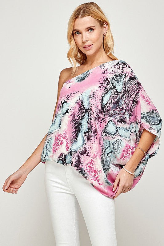 ONE SHOULDER SNAKESKIN PRINT TOP