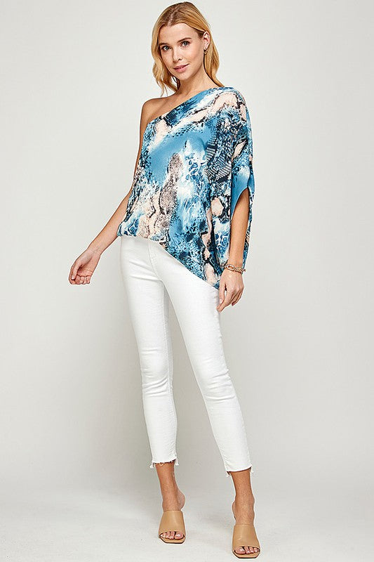 ONE SHOULDER SNAKESKIN PRINT TOP