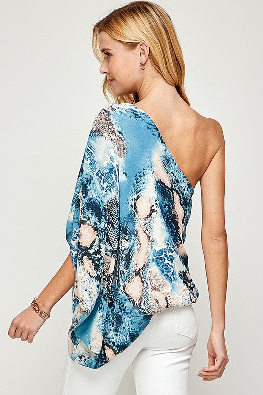 ONE SHOULDER SNAKESKIN PRINT TOP