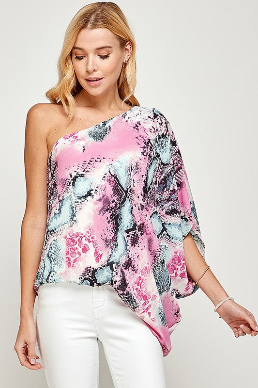 ONE SHOULDER SNAKESKIN PRINT TOP