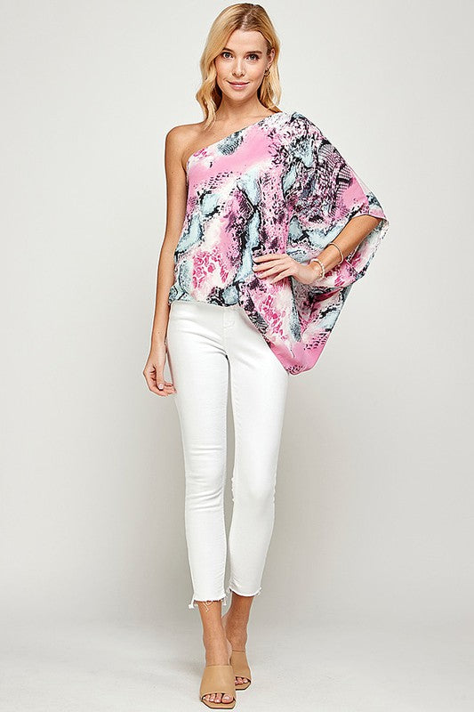 ONE SHOULDER SNAKESKIN PRINT TOP