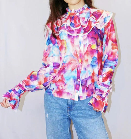 MULTICOLOR LONG SLEEVE RUFFLES TOP