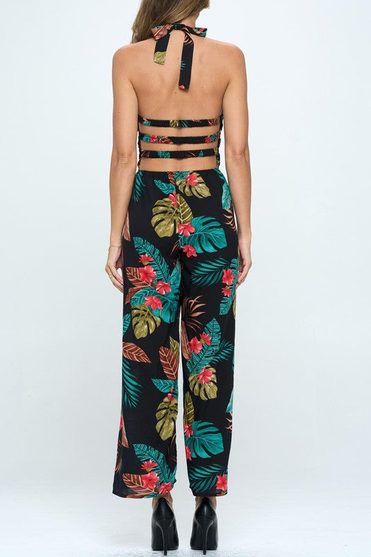 HALTER TROPICAL PRINT JUMPSUIT