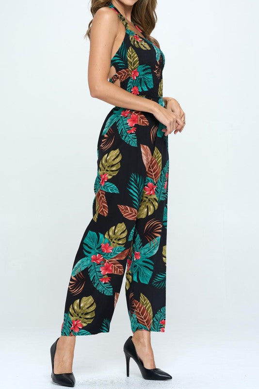 HALTER TROPICAL PRINT JUMPSUIT