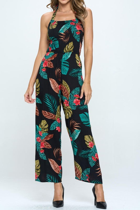 HALTER TROPICAL PRINT JUMPSUIT