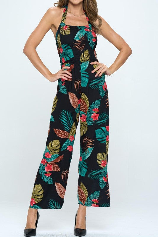 HALTER TROPICAL PRINT JUMPSUIT