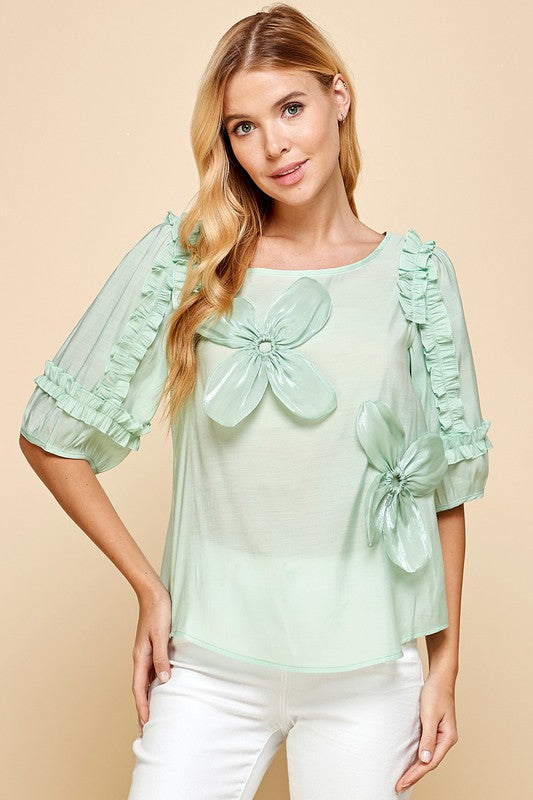 FLOWER DESIGN TOP WITH RUFFLES