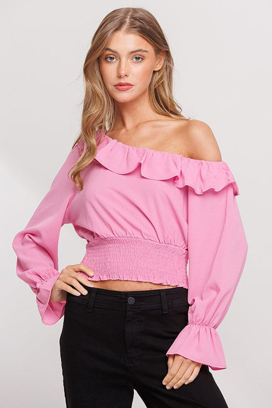 BUBBLE CREP RUFFLE TOP