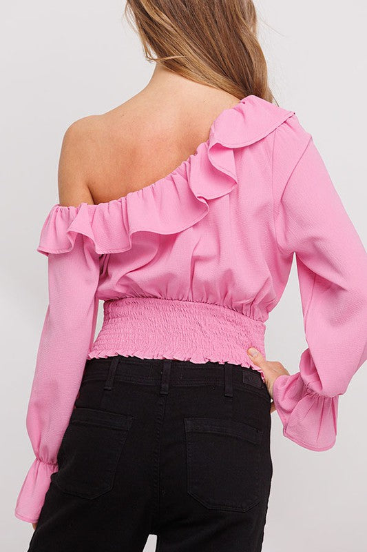 BUBBLE CREP RUFFLE TOP