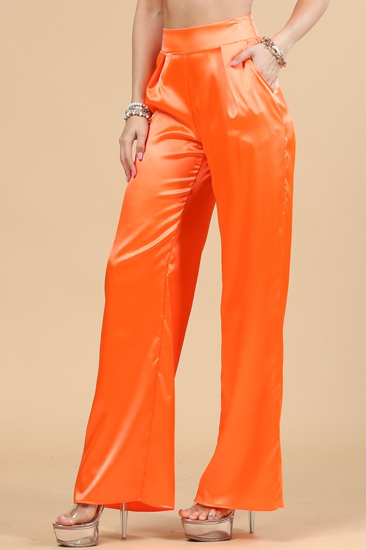 SATIN SIDE ZIPPER WIDE PANTS