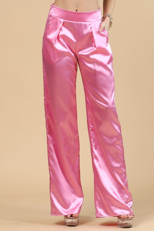 SATIN SIDE ZIPPER WIDE PANTS