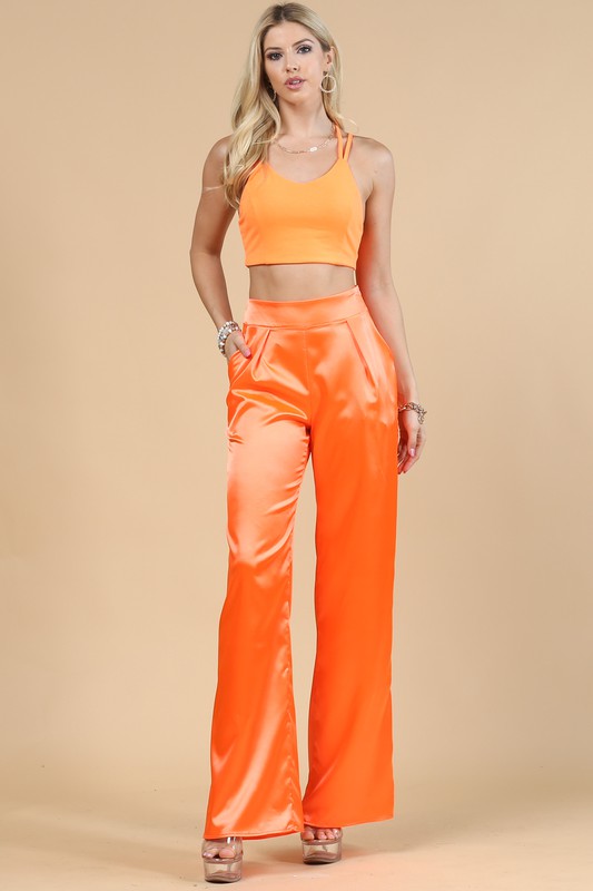 SATIN SIDE ZIPPER WIDE PANTS