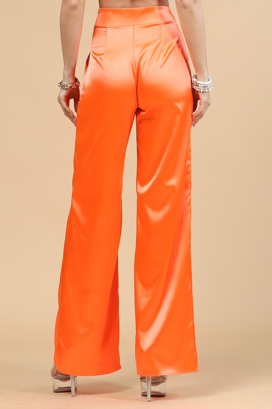 SATIN SIDE ZIPPER WIDE PANTS