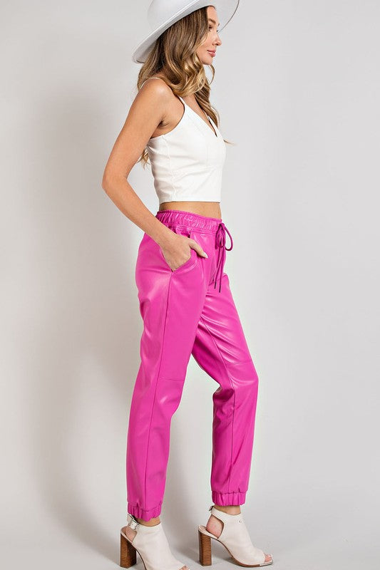 HIGH QUALITY FAUX LEATHER DRAWSTRING PANTS WITH POCKETS