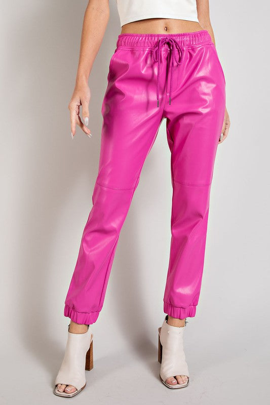 HIGH QUALITY FAUX LEATHER DRAWSTRING PANTS WITH POCKETS