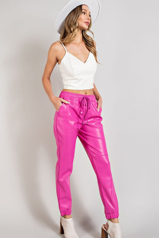 HIGH QUALITY FAUX LEATHER DRAWSTRING PANTS WITH POCKETS