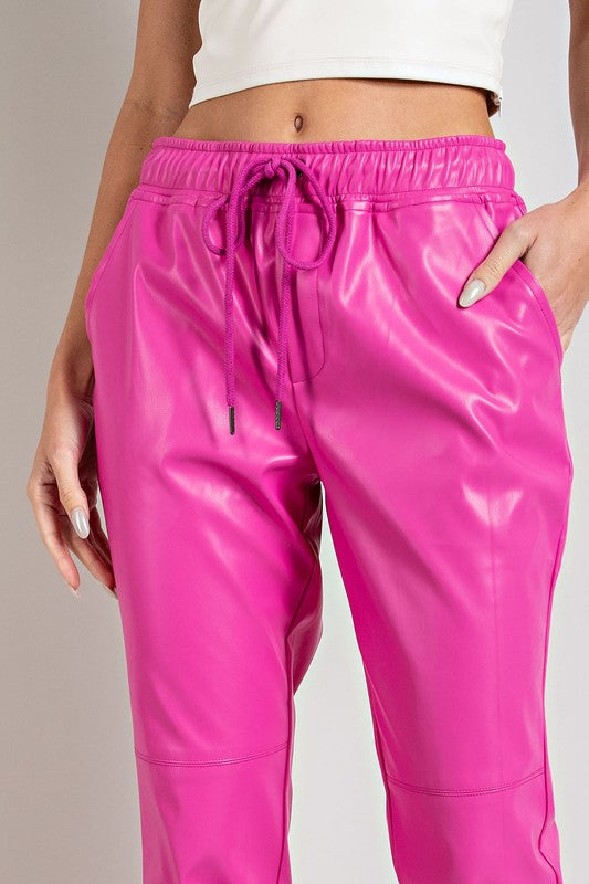 HIGH QUALITY FAUX LEATHER DRAWSTRING PANTS WITH POCKETS