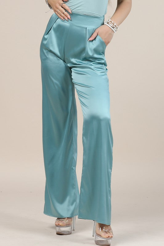 SATIN SIDE ZIPPER WIDE PANTS