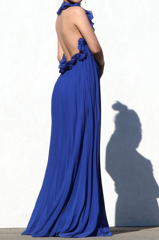 BACKLESS PLEATED MAXI DRESS