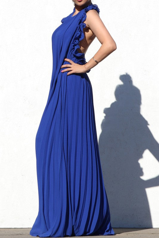 BACKLESS PLEATED MAXI DRESS