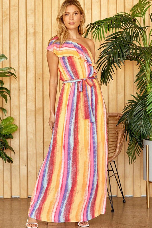 ONE SHOULDER STRIPES MAXI DRESS