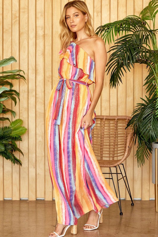 ONE SHOULDER STRIPES MAXI DRESS