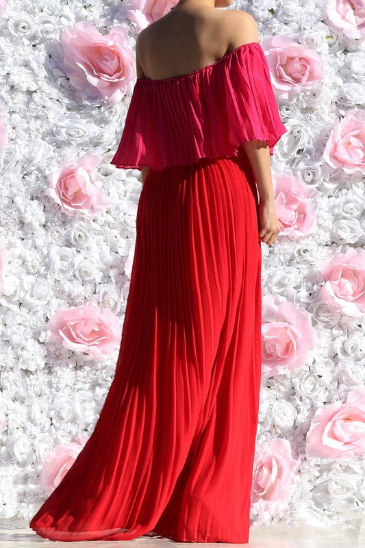 PLEATED OFF SHOULDER MAXI DRESS