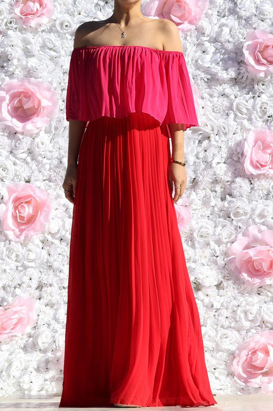 PLEATED OFF SHOULDER MAXI DRESS