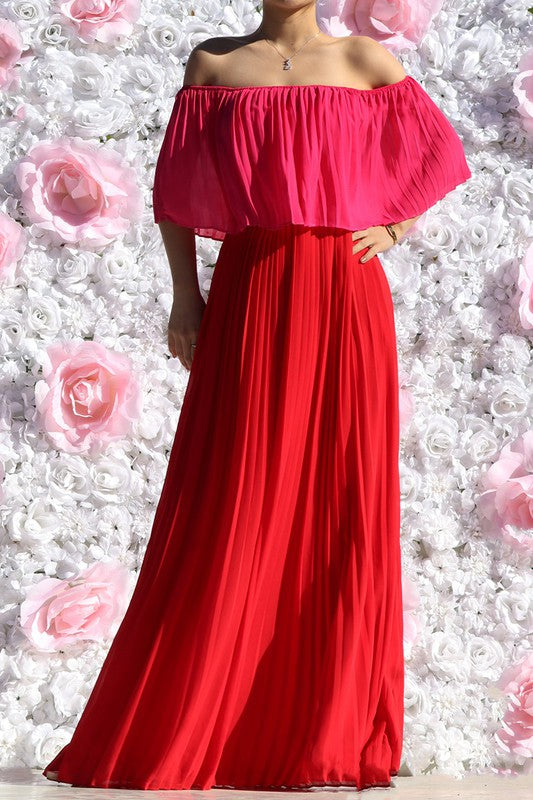 PLEATED OFF SHOULDER MAXI DRESS