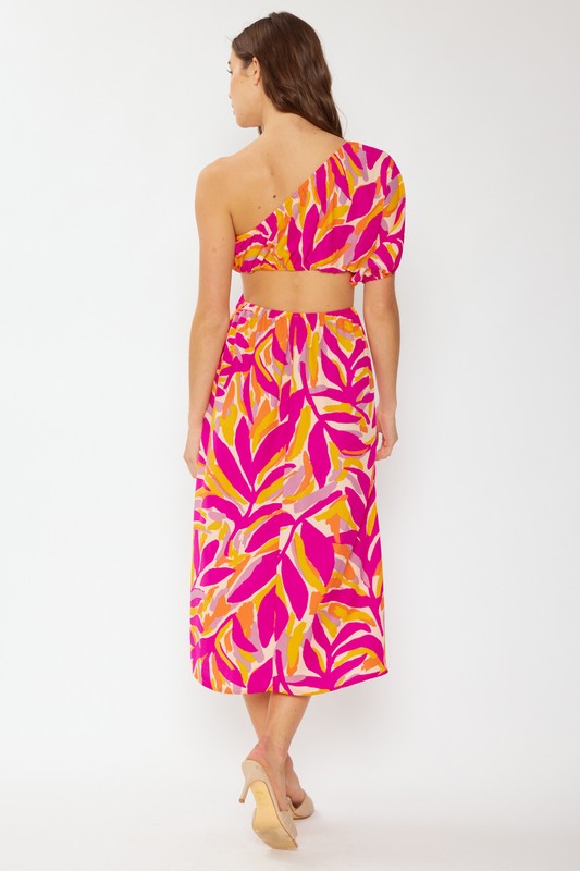 TROPICAL PRINTED CUTOUT ONE SHOULDER MIDI DRESS