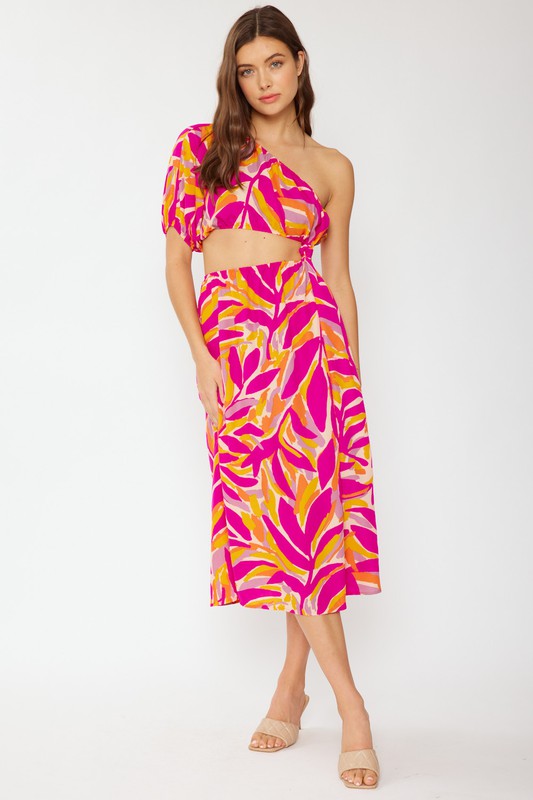 TROPICAL PRINTED CUTOUT ONE SHOULDER MIDI DRESS