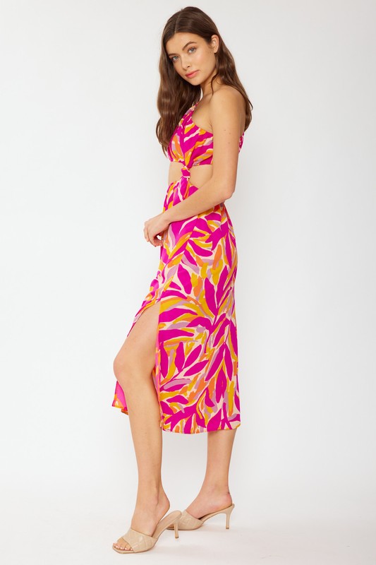 TROPICAL PRINTED CUTOUT ONE SHOULDER MIDI DRESS