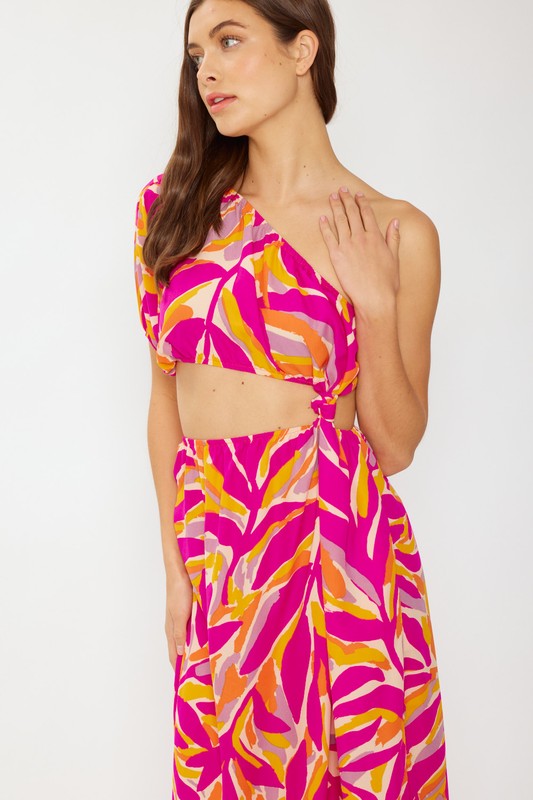 TROPICAL PRINTED CUTOUT ONE SHOULDER MIDI DRESS