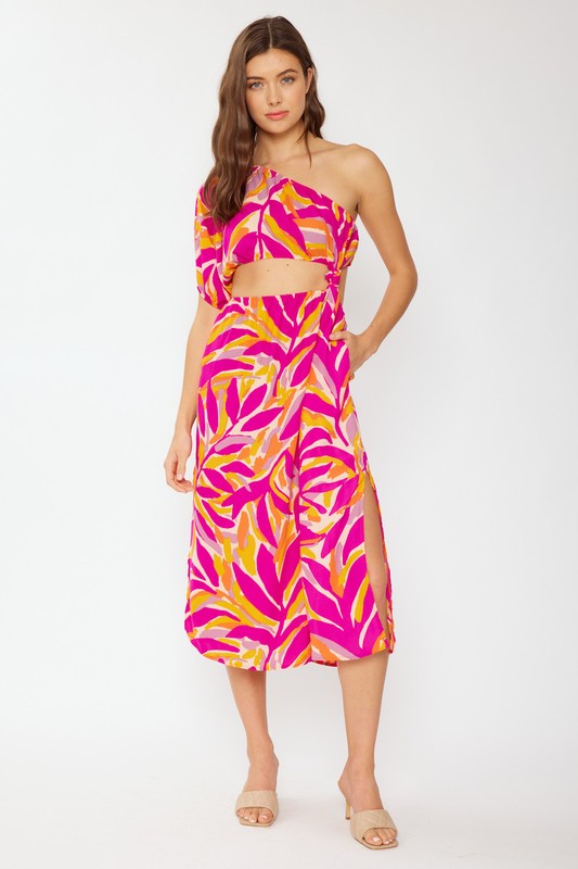 TROPICAL PRINTED CUTOUT ONE SHOULDER MIDI DRESS