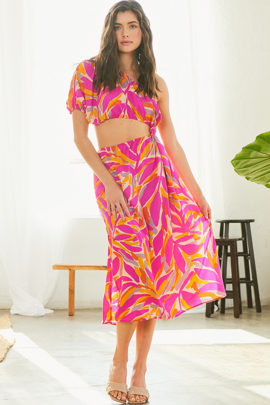 TROPICAL PRINTED CUTOUT ONE SHOULDER MIDI DRESS