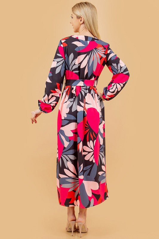 FLORAL PRINT LONG SLEEVE BELTED DRESS