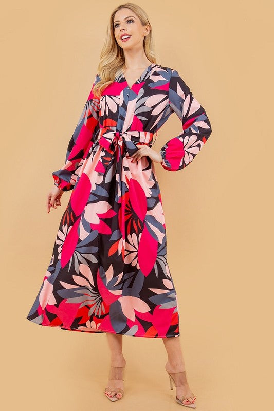 FLORAL PRINT LONG SLEEVE BELTED DRESS