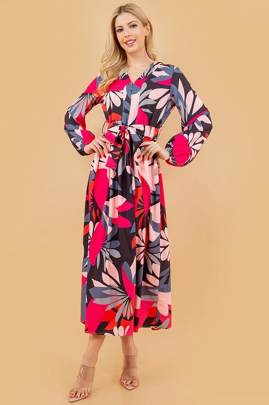 FLORAL PRINT LONG SLEEVE BELTED DRESS