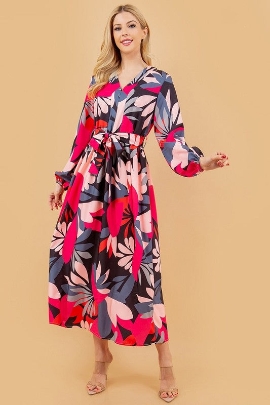 FLORAL PRINT LONG SLEEVE BELTED DRESS