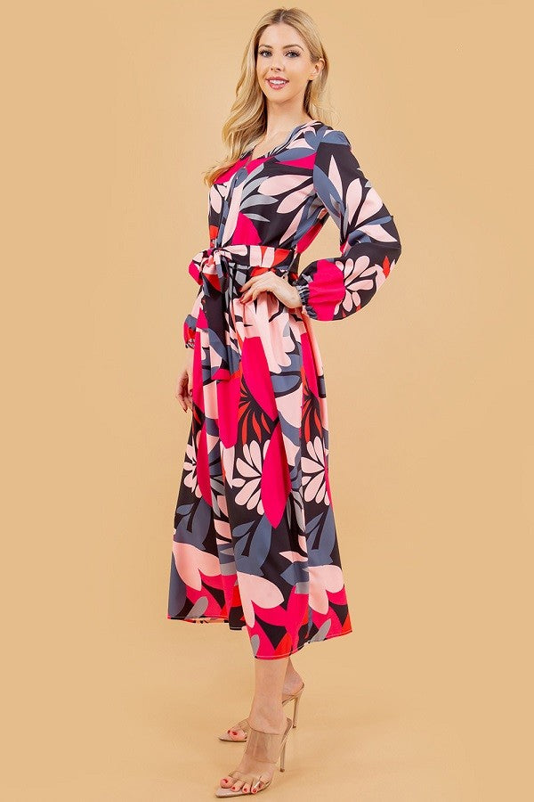 FLORAL PRINT LONG SLEEVE BELTED DRESS