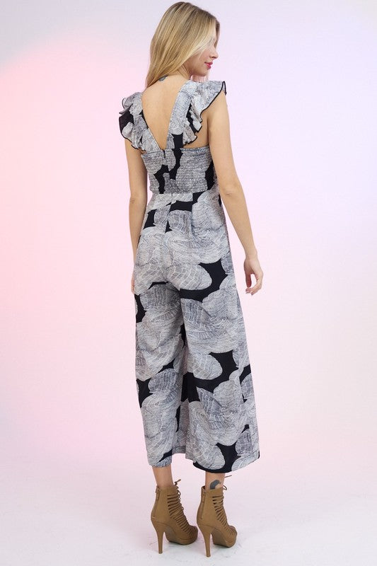 PRINTED FLUTTER-SLEEVE JUMPSUIT