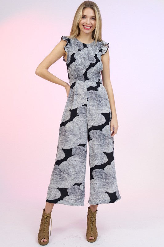 PRINTED FLUTTER-SLEEVE JUMPSUIT