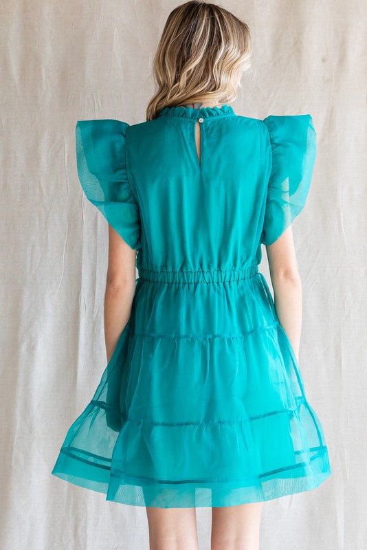 ORGANZA RUFFLED  SHOULDER DRESS