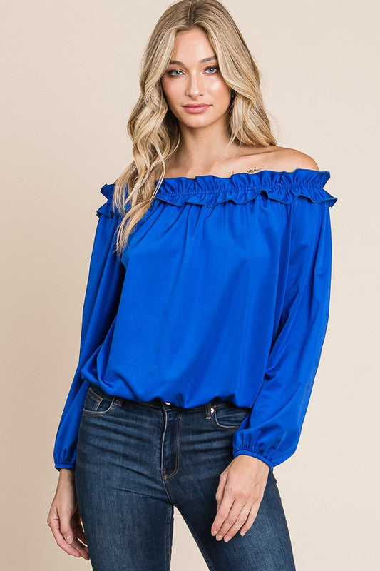 OFF SHOULDER RUFFLE LONG SLEEVE BLOUSE